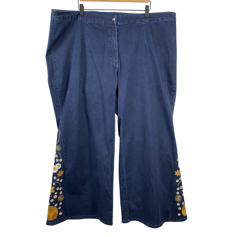 The Pyramid Collection Womens Flower Embroidered Flare Jeans 2X Blue High Rise‎